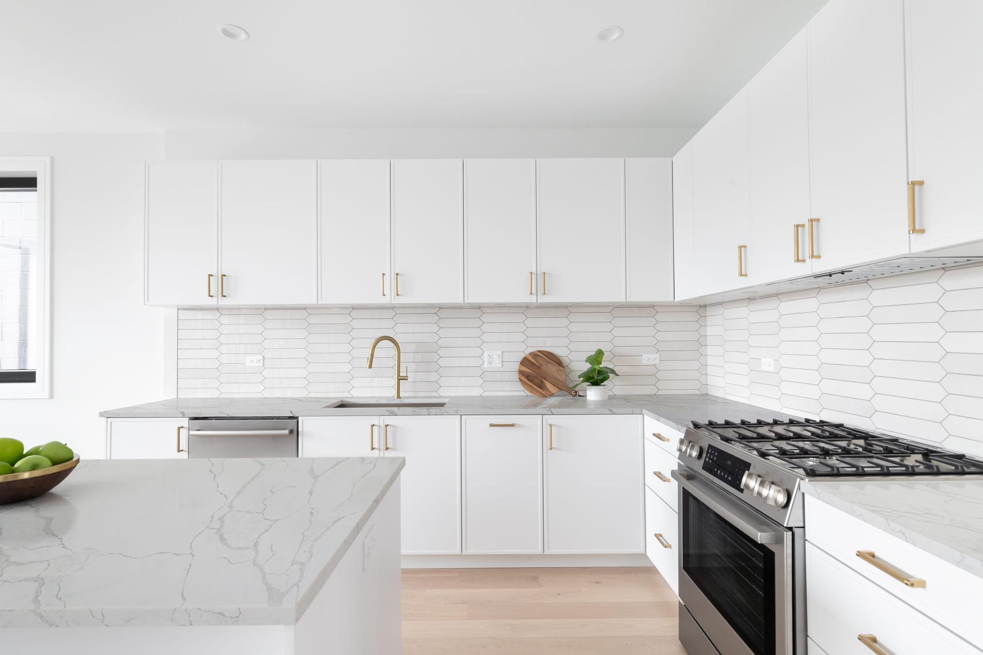 Porcelain slab backsplash in contemporary kitchen